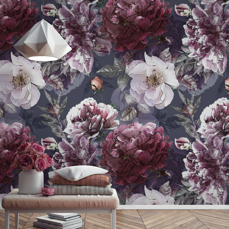 GK Wall Design White Peony Blossom, Dark Floral Textile Wallpaper